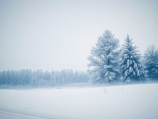 Obraz premium Winter Serenity: Soft Snowfall on Tranquil Landscape