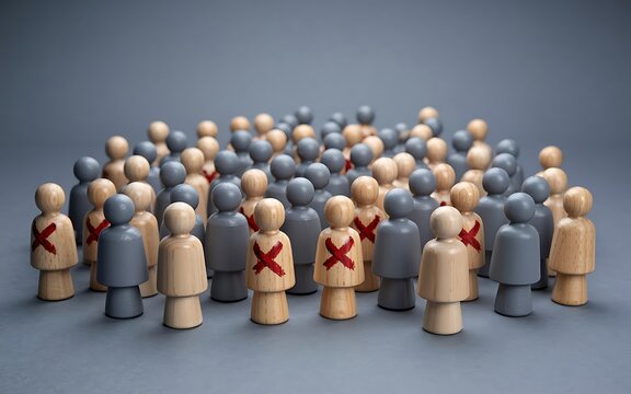 Wooden Figures Depicting Job Cuts And Layoffs With Red Cross Symbols Emphasizing Redundancy Crisis And Workforce Reduction Due To Economic Downturn