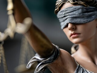 Blindfolded Lady Justice statue, scales of justice