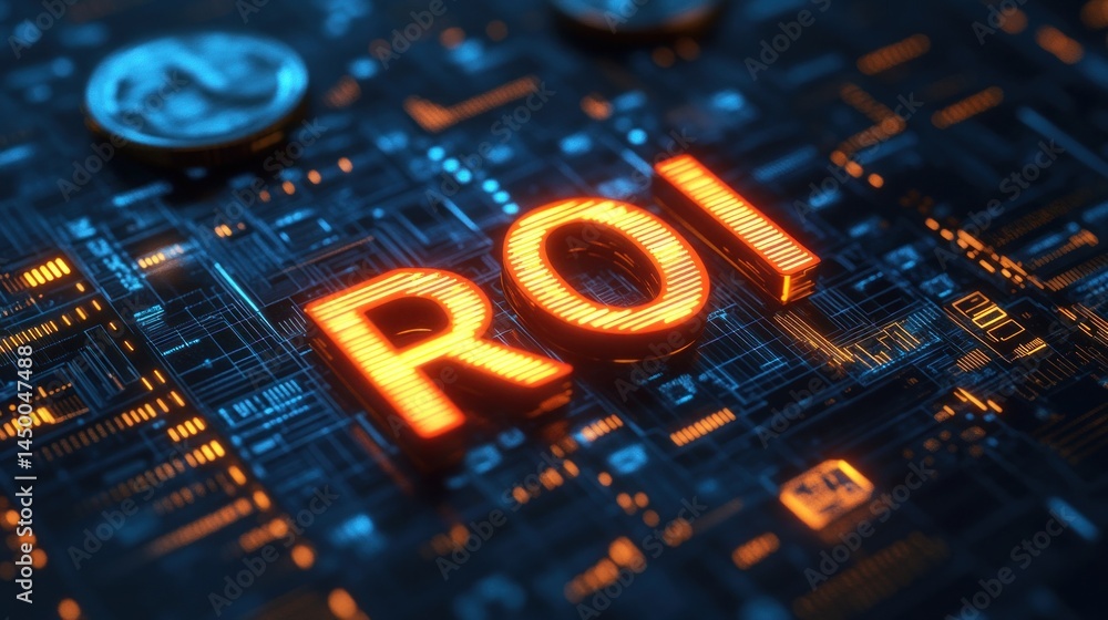 Poster glowing roi text on a futuristic circuit board background with coins reflecting technology and finan