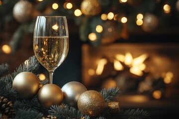 Festive Christmas decorations with champagne glass and shimmering ornaments in cozy holiday setting, Festive Christmas decorations with champagne glass and golden baubles