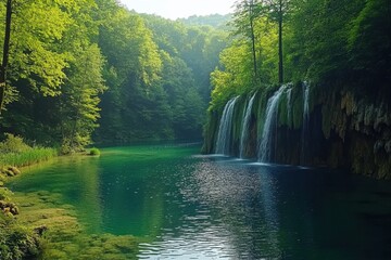 Explore the serene beauty of a forest waterfall cascading into a tranquil lake surrounded by lush greenery, beautiful forest with waterfall and lake Photo background ing for live wallpaper