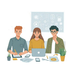 Young team members working on tech development, startup planning, or app design in a minimal flat style. Ideal for digital marketing or innovation presentations.