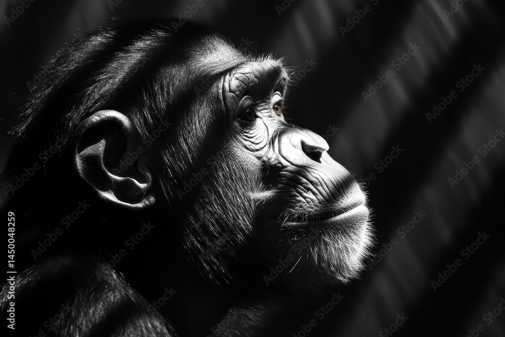 Poster chimpanzee in profile illuminated by patterned light and shadow, chimpanzee in profile with patterne