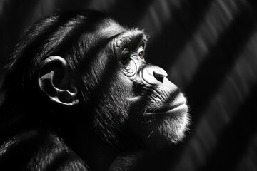 Chimpanzee in profile illuminated by patterned light and shadow, Chimpanzee in profile with patterned light and shadow