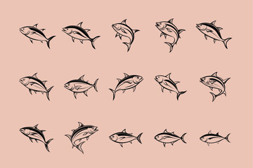 tuna fish vector design, labeled line and fill art silhouette illustration.