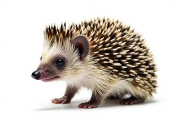 Fototapeta premium Small hedgehog isolated on pure white background, showcasing its spines , erinaceus, spines, macro