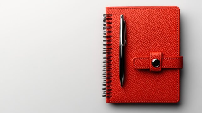 Studio close-up of a red leather-bound planner with a pen loop, crisp textures on an ideal white background.