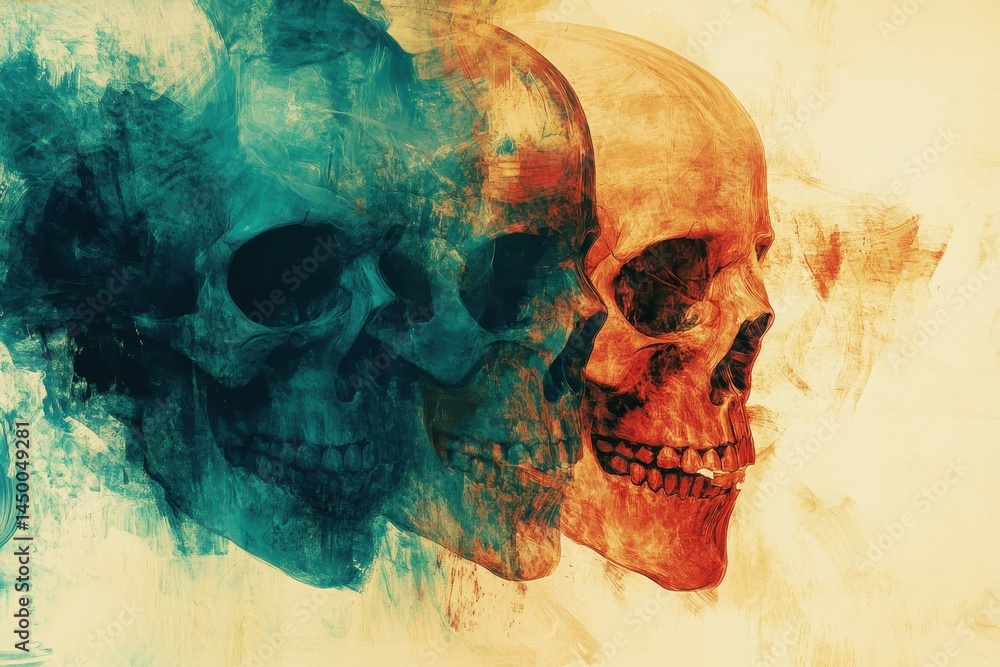 Poster abstract illustration of skulls with vibrant color transitions and dynamic textures, ed abstract sku