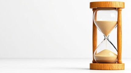Studio close-up of a wooden hourglass with flowing sand, ultra-sharp details on an ideal white background.