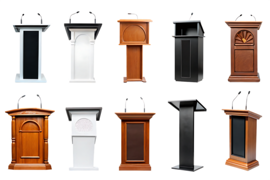 speech stand and microphone - Podium set - lectern collection - various colors, shapes and materials isolated on white background PNG