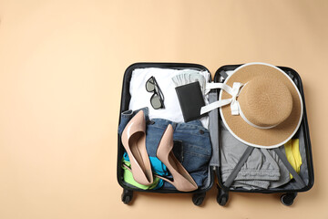 set of t Luggage for travel holidays and vacation. Top view ravel bags and accessories