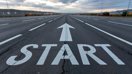 Empty highway with a start sign indicating a new journey.