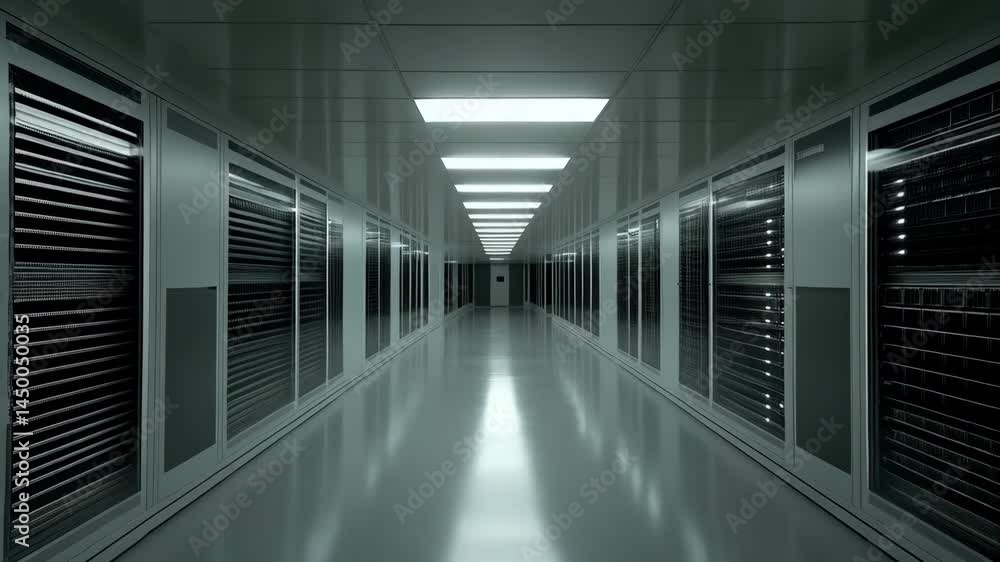 Poster data center corridor lined with server racks. sleek and modern data storage facility featuring rows 