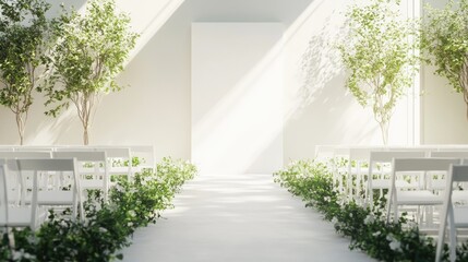 Fototapeta premium Elegant White Wedding Ceremony Venue with Greenery Decor and Sunlight
