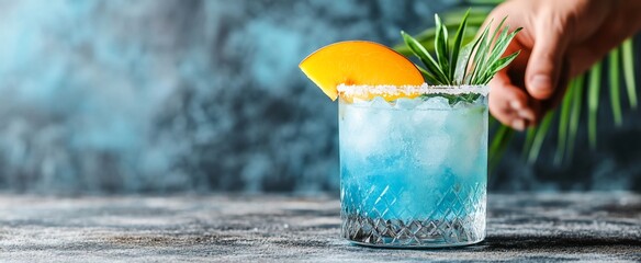 Blue cocktail garnished with orange slice and rosemary