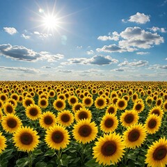Obraz premium Endless Sunflower Field Blooming under Bright Sunny Blue Sky with Clouds. Vibrant Summer Agriculture Landscape, Yellow Flowers Facing Sun. Wide Angle Nature Scene with Sun Flare.