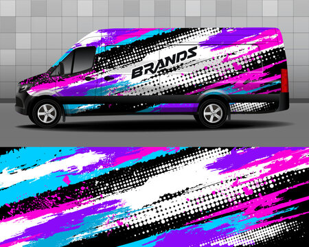 Cargo van wrap designs. Graphic abstract white, purple, pink and blue grunge stripes on black foyer for car branding. Modern camouflage design for vinyl car wrap.