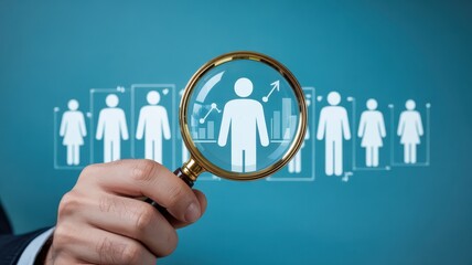 A hand holding a magnifying glass focused on a person icon among many.
