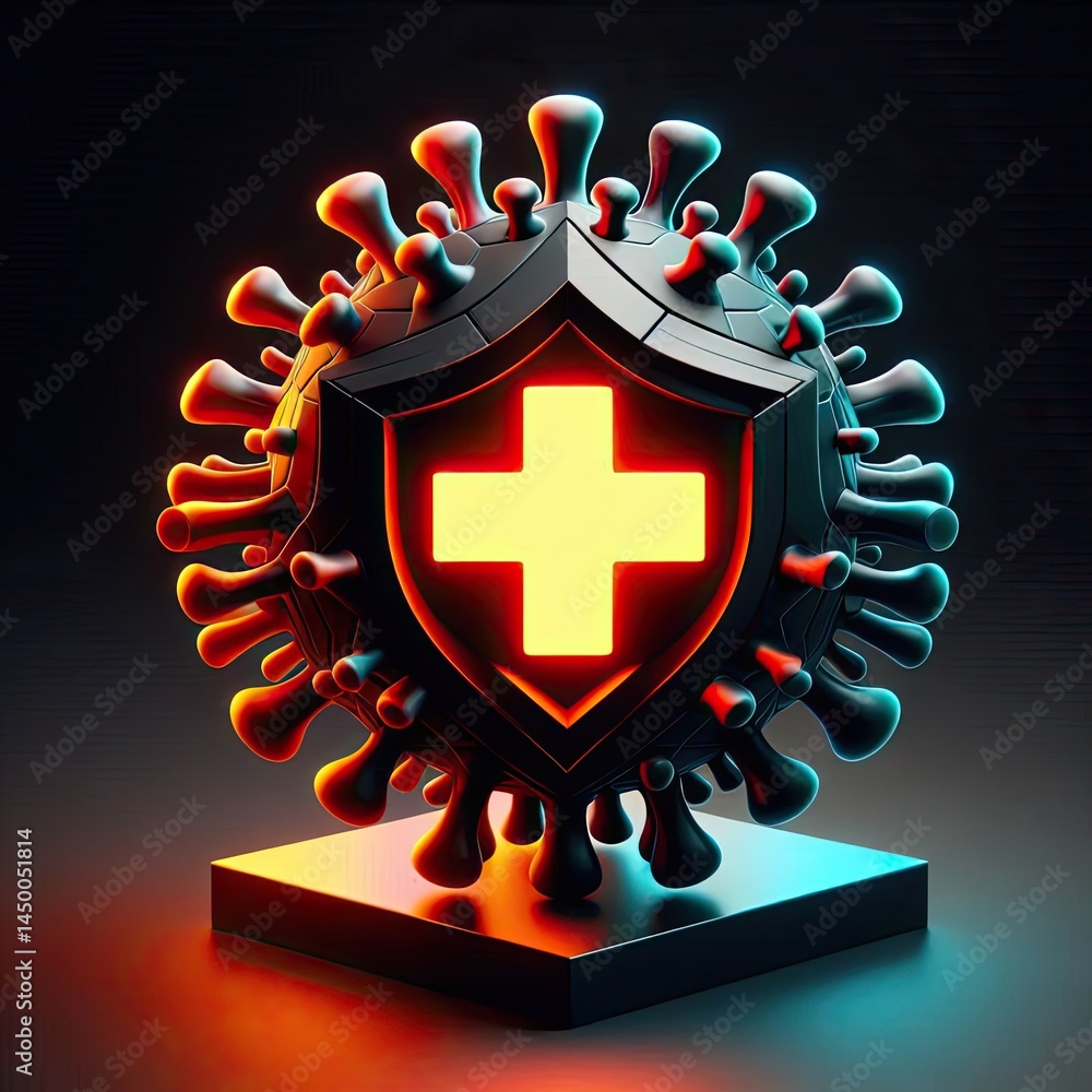 Poster photorealistic 3d render showing a stark contrast between dark, sharp, angular abstract forms repres