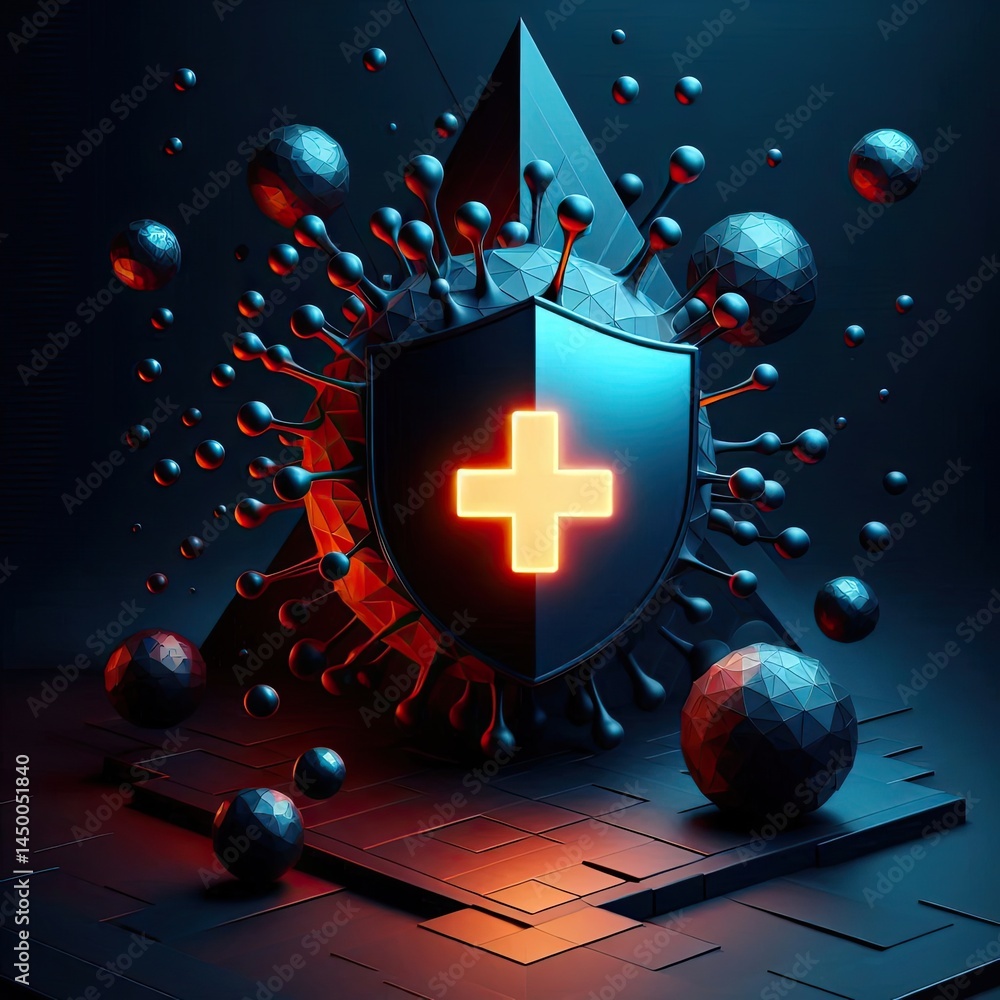 Poster photorealistic 3d render showing a stark contrast between dark, sharp, angular abstract forms repres