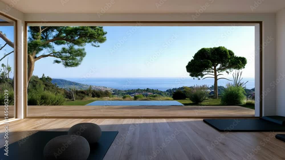 Poster a large open space with a view of the ocean and a tree