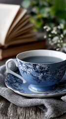 Blue floral teacup and saucer with book and soft grey cloth