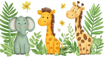 Naklejka premium Three adorable jungle animals in a lush foliage scene.
