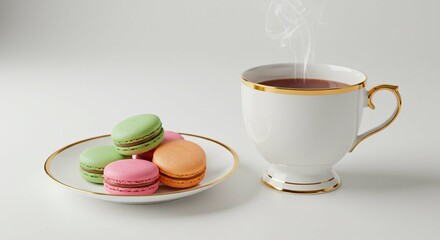 Macarons on a plate with a steaming cup of tea against a plain white background in a studio shot