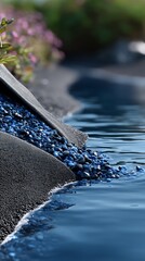 Blue pebbles cascading into a water feature