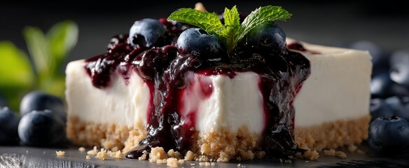 Blueberry cheesecake slice, drizzled with sauce