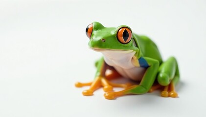 Green tree frog perched on white, vibrant skin, legs, wildlife photography