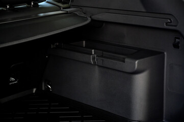 Large black empty car trunk. Open car trunk close up