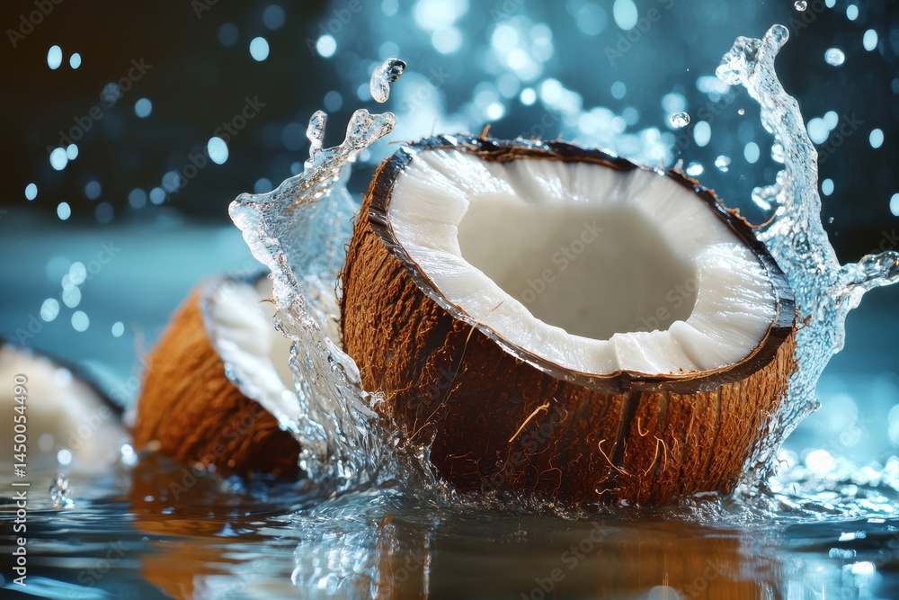 Poster fresh coconuts splash in water creating a refreshing natural scene at dusk, fresh coconut splashing 