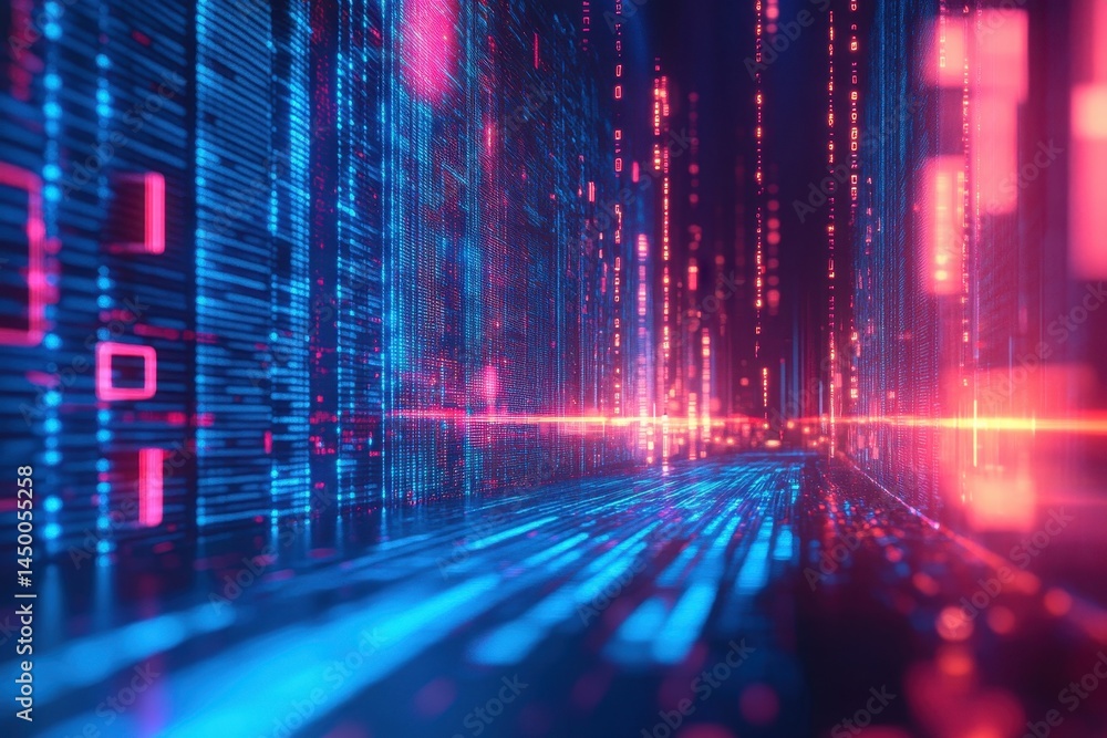 Poster futuristic data stream with glowing blue neon light and vibrant digital patterns in a virtual enviro