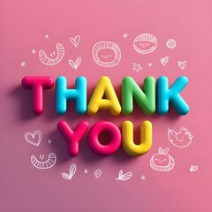 Text "thank you" in colorful 3D letters on a pink background