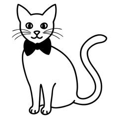 Cat with Bow Tie in Elegant Pose Black Line Art