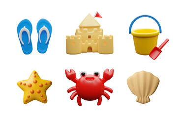 3d beach set. Three-dimensional vector collection. Crab, flip-flop, sand castle, shell, starfish, bucket and dig. Marin icons for vacation with kids. Leisure games on the coast near the sea