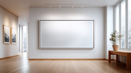 Elegant empty gallery interior with large rectangular blank artwork mockup