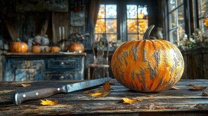 Pumpkin on rustic wooden table in spooky workshop