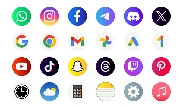 Collection of Popular Social Media and Utility App Icons on White Background, social media apps, phone app icons, vector illustration.
