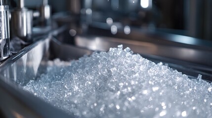 Crystal Clear Ice Cubes in Stainless Steel Chute, Close-up View