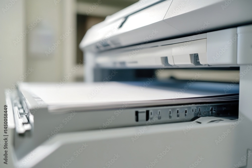 Poster closeup of copier printer tray in action with paper being printed and processed in an office setting