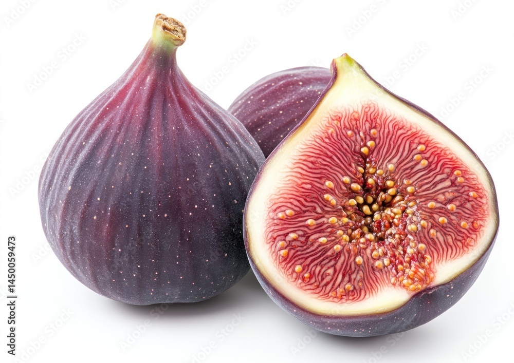 Poster fresh and ripe figs with purple skin and intricate seed patterns showcasing unique texture and color