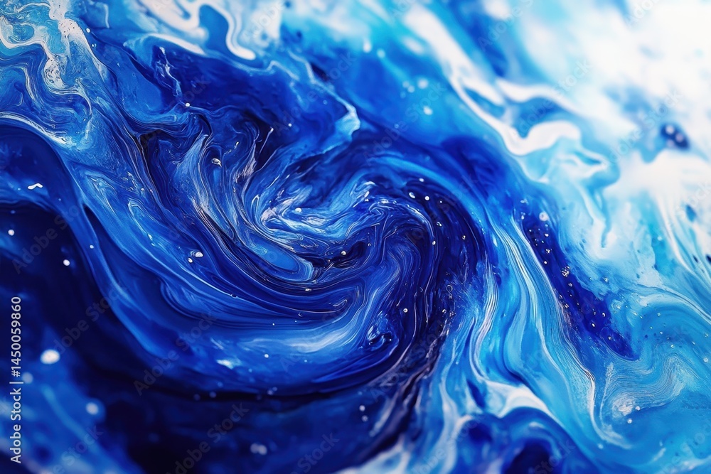 Poster fluid art creation featuring dynamic blue swirls and waves with sparkling accents, fluid art dynamic