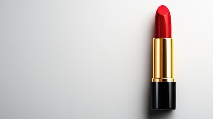 Ultra-realistic close-up of a red lipstick tube with gold casing, perfectly centered on an ideally white background.