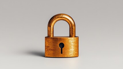 Naklejka premium Ultra-realistic close-up of a polished brass padlock with a curved shackle, perfectly centered on an ideally white background.