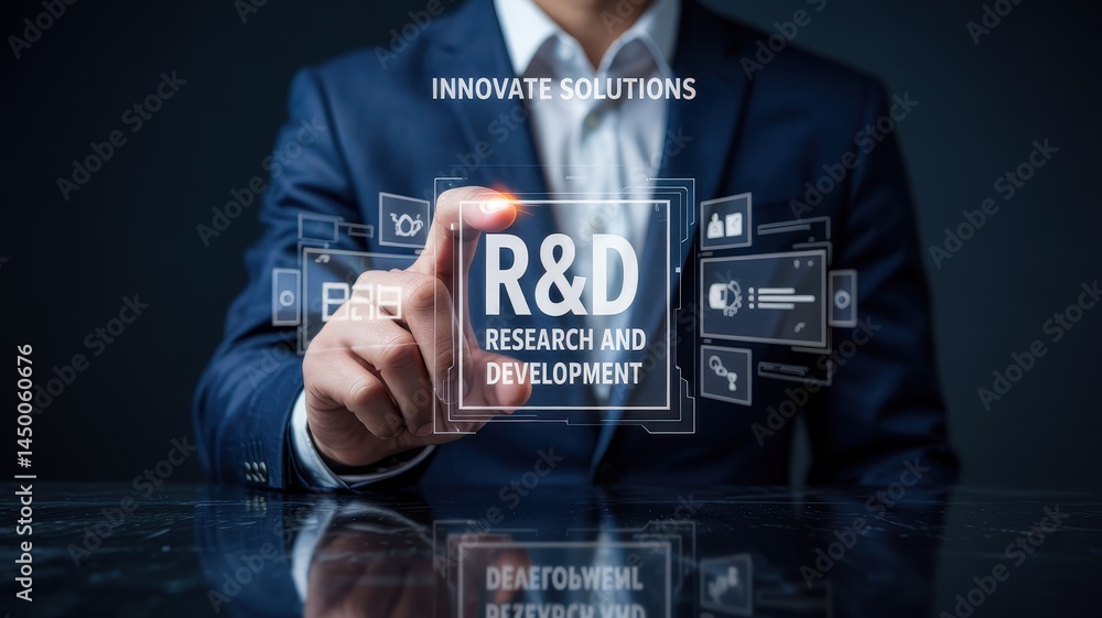 Poster businessperson interacts with a transparent interface displaying r&d.