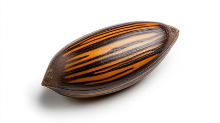 Ultra-realistic close-up of a single sunflower seed with ridged textures, floating on an ideal white background.