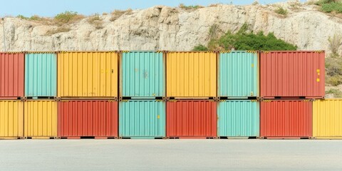 Fototapeta premium Colorful shipping containers stacked neatly against a rocky hillside